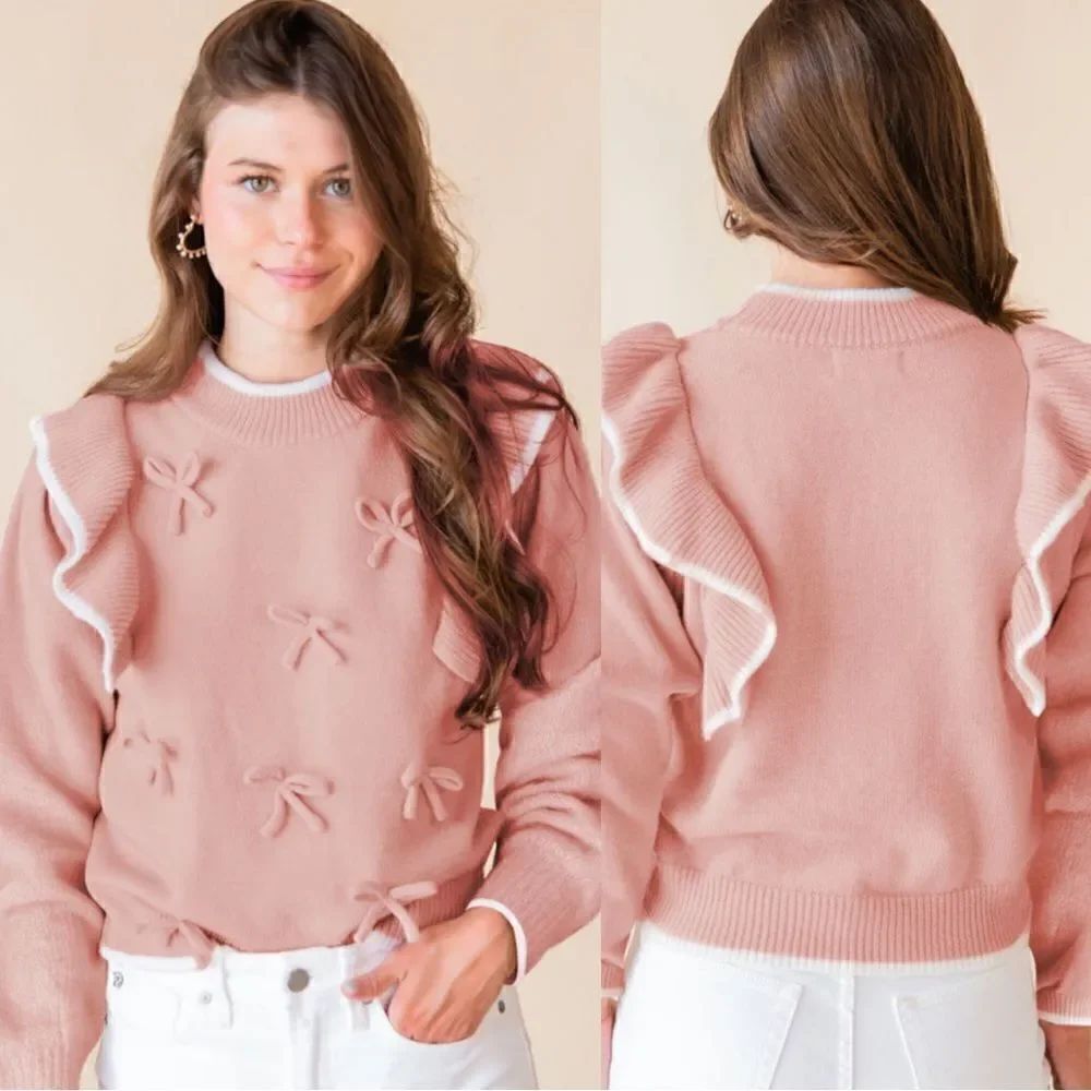 Blush Bow and Ruffle Sweater